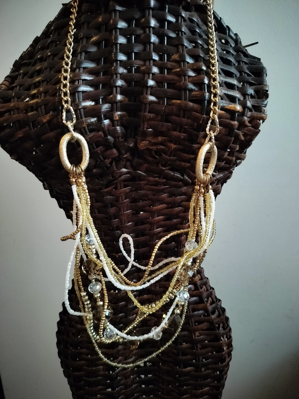 Gold and White Multi-Strand Beaded Statement Necklace